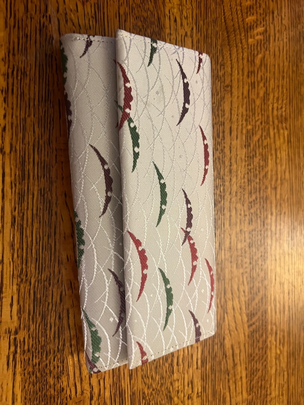 Japanese White Fabric Clutch Wallet with Red, Green and Purple Feather Motif